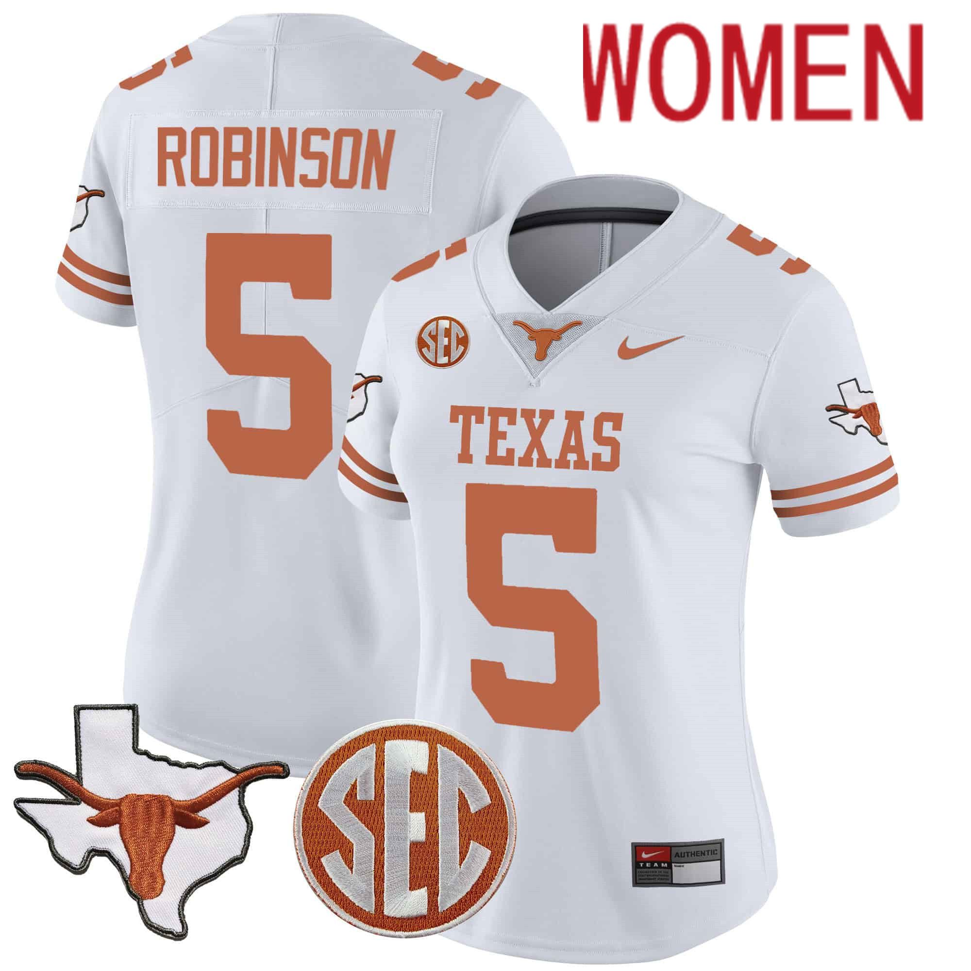 Women Texas Longhorns #5 Robinson White 2024 Nike State Map & SEC Patch Vapor NCAA Jersey->women nfl jersey->Women Jersey